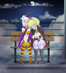  absurdres blonde_hair blush boots breasts cape cleavage drool female_only femsub fingering gloves halloween hat high_school_dxd hypnotic_food kaa_eyes karuro-kun koneko_toujou large_breasts licking lollipop masturbation midriff navel night open_mouth opera_gloves ravel_phenex short_hair sitting small_breasts symbol_in_eyes thighhighs tongue white_hair witch_hat 