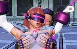  3d blue_eyes breast_grab chains cuffs density drool female_only femdom femsub fingerless_gloves gloves honey_select_2 hypnotic_accessory long_hair multiple_girls open_mouth opera_gloves pink_hair purple_hair see-through short_hair shoulder_pads super_hero tears tech_control tongue tongue_out visor 