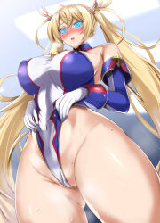 ahoge blonde_hair blush bradamante breasts erect_nipples fate/grand_order fate_(series) female_only femsub glowing glowing_eyes huge_breasts kumayoshi large_hips long_hair looking_at_viewer manip misterman4_(manipper) panty_pull spiral_eyes sweat symbol_in_eyes tagme twintails