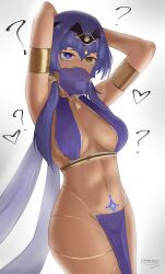  arm_bands arms_above_head bangs breasts candace_(genshin_impact) confused crotch_tattoo dancer dancing eroborne female_only femsub genshin_impact hair_band harem_outfit heart_eyes heterochromia large_breasts simple_background solo standing symbol_in_eyes tattoo veil white_background 
