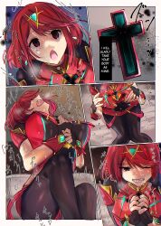  androgynous_dom bed brown_eyes dialogue drool empty_eyes english_text femsub fingerless_gloves ghost gloves hair_ornament heart holding_breasts hyoui_lover nintendo one_eye_open open_mouth pantyhose pillow possession pyra_(xenoblade) red_hair short_hair sitting sweat text tight_clothing trembling xenoblade_chronicles xenoblade_chronicles_2 