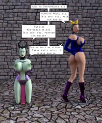 3d absurdres breasts dialogue dildo disney female_only fembot femsub green_skin grimhilde high_heels kneeling maleficent masturbation robot robotization sex_toy sleeping_beauty snow_white_and_the_seven_dwarfs text theheckle whitewash_eyes