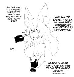  anno_(anno) breasts collarbone dialogue drool empty_eyes faetomi femsub fox_ears fox_girl gloves hypnotic_beam large_breasts laser_pointer leaning_forward long_hair monochrome nipples open_mouth original phantom_hand simple_background sketch text white_background 