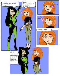 black_hair breasts carlosfco clothed comic consensual disney expressionless female_only femdom femsub green_eyes high_heels kim_possible kim_possible_(series) long_hair midriff open_mouth pendulum red_hair shego simple_background smile spiral_eyes symbol_in_eyes text western