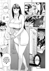  bath breast_fondling breast_press breasts brother_and_sister cleavage comic dialogue erection_under_clothes femsub greyscale huge_breasts incest kakuzatou shota spiral_eyes text towel 