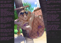 bandage bare_legs barefoot beach bikini blonde_hair blush breasts cameltoe caption drugged drugs feet femsub flat_chest legs little_witch_nobeta loli long_hair maledom manip red_eyes small_breasts sunglasses surprised swimsuit table text trees twintails 