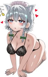 animal_ears black_bra black_panties blue_eyes blush bra braid cat_ears femsub heart heart_eyes lingerie maid_headdress panties pendulum ringo_(mikan7f) sakuya_izayoi silver_hair simple_background symbol_in_eyes touhou twin_braids underwear