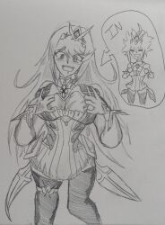 blush breasts cleavage closed_eyes cosplay drool english_text femsub gloves happy_trance holding_breasts kingofswaps large_breasts long_hair maledom mythra_(xenoblade) nintendo open_mouth original pantyhose possession sketch smile speech_bubble text white_background xenoblade_chronicles xenoblade_chronicles_2