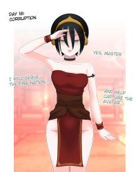  avatar_the_last_airbender bottomless corruption enemy_conversion femsub hypnoink hypnovember midriff saluting tagme text toph 
