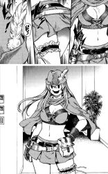 belt breasts cleavage comic female_only femsub gloves greyscale hand_on_hip huge_breasts long_hair looking_at_viewer miniskirt pov pov_dom skirt solo standing tenkuu_shinpan tsuina_miura unaware white_feather_mask white_hair