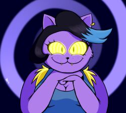 animal_ears black_hair breasts cat_girl catty_(undertale) dr._chaos fangs female_only femdom furry glowing glowing_eyes hypnotic_eyes large_breasts looking_at_viewer pov pov_sub ring_eyes simple_background smile spiral undertale