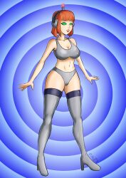 absurdres angie_(supertechno324) antenna bikini breasts erect_nipples female_only fembot femsub headphones hypnotic_accessory large_breasts latex original planz34 red_hair robotization short_hair spiral_eyes symbol_in_eyes tech_control thighhighs western
