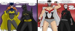 alternate_costume barbara_gordon batgirl batman_(series) before_and_after breasts cassandra_cain corruption dc_comics dialogue female_only femsub flexing happy_trance large_breasts long_hair muscle_girl polmanning red_hair super_hero teen_titans text transformation western