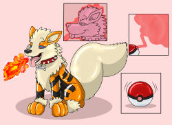  animals_only arcanine collar comic dog_boy flame fox0808 happy_trance male_only malesub nintendo non-human_feet open_mouth paws pokeball pokemon ring_eyes sitting studded_collar tongue tongue_out transformation 