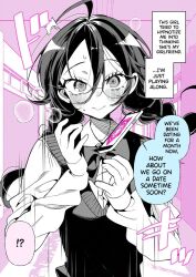 blush dialogue english_text failed_hypnosis glasses gohome-kun hard_translated hypnotic_app original phone school_uniform skirt text translated wholesome