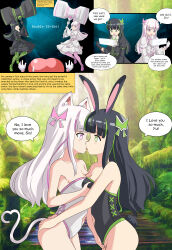  absurdres animal_ears armor ass bare_legs bare_shoulders black_hair breast_grab breast_press breasts bunny_ears bunny_girl bunnysuit cat_ears cat_girl cat_tail cleavage comic dazed dialogue expressionless female_only femsub fingering french_kiss gloves green_eyes green_hair groping hair_ornament hair_ribbon hammer i_hate_getting_hurt_so_i_put_all_my_skill_points_into_defense incest instant_loss kissing large_hips leotard long_hair love mai_(bofuri) navel open_mouth pink_eyes pink_hair ribbon sisters spiral_eyes symmetrical_docking tail text thick_thighs tight_clothing tongue twins unholysoul valentine&#039;s_day very_long_hair white_hair yui_(bofuri) yuri 
