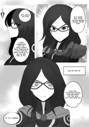 absurdres before_and_after breasts cleavage cloak clothed comic denial dialogue empty_eyes english_text eroborne expressionless female_only femsub greyscale long_hair mask monochrome original pendulum right_to_left simple_background super_hero text
