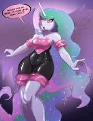  breasts femsub furry helixjack horns horse_girl kaa_eyes large_breasts latex lipstick makeup multicolored_hair my_little_pony princess_celestia rouge_the_bat solo sonic_the_hedgehog_(series) text wings 