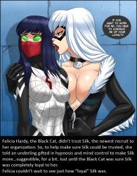  black_cat breasts caption cleavage collar female_only femdom femsub flick-the-thief glowing glowing_eyes green_eyes huge_breasts manip marvel_comics mask silk_(marvel) super_hero text theheckle_(manipper) 