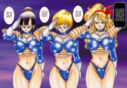 black_hair blonde_hair bra breasts chichi comic dragon_ball erasa femsub large_breasts launch light_rate_port_pink maledom multiple_girls panties sketch standing standing_at_attention text traditional underwear