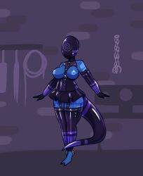 alien alien_girl blue_skin breasts chains clothed_exposure collar dress exposed_chest female_only femsub gloves kassidy_(medrifogmatio) large_breasts latex littleinksheep lizard_girl mask nipples opera_gloves original short_skirt spiral tail tech_control thighhighs topless