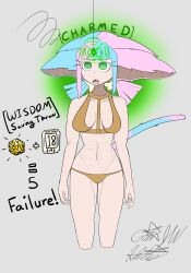  abs absurdres bare_legs bare_shoulders bikini blue_hair bra breasts cat_ears cat_girl cat_tail cleavage crystal drool dungeons_and_dragons expressionless female_only femsub gameplay_mechanics green_eyes large_breasts multicolored_hair open_mouth original panties pendulum pink_hair short_hair sobergin solo tail text twintails underwear 