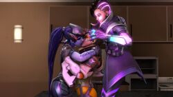 3d animated animated_gif breasts clothed empty_eyes female_only femdom femsub human_puppet kissing large_breasts long_hair mole open_mouth overwatch puppet seamless short_hair smile sombra_(overwatch) source_filmmaker sub_on_sub tech_control text tracer widowmaker yuri