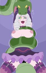 breasts coils crotch_rub drool exposed_chest femsub happy_trance imminent_vore nipples plsgts ring_eyes snake vore white_hair