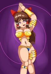 absurdres arms_above_head bare_legs breasts brown_hair cleavage cosplay costume crossover dancing eye_color_change female_only femsub happy_trance harem_outfit inactivehorse97 large_breasts legs midriff navel purple_eyes reimu_hakurei shantae shantae_(series) smile solo spiral_background spiralwash_eyes thick_thighs thighs touhou 