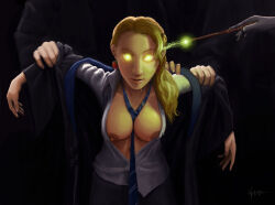 blonde_hair breasts drool femsub glowing glowing_eyes harry_potter_(series) large_breasts long_hair luna_lovegood magic magic_wand neverm1nd nipples open_clothes open_mouth open_shirt ponytail school_uniform smile tie