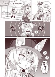 absurdres animal_ears arknights beanstalk_(arknights) belt blush border braid choker clothed comic confused crossbow dazed drool femsub gloves greyscale hat heart korean_text monochrome open_mouth ring_background shirt simple_background speech_bubble talisman translation_request unfocused_eyes yusang