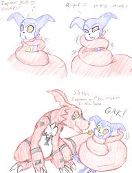 absurdres asphyxiation coils comic dialogue digimon drool guilmon hypnotic_eyes impmon kaa_eyes lager male_only maledom malesub monster red_skin resisting text traditional white_background