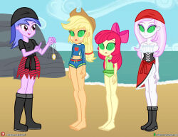 apple_bloom applejack bandana beach bikini blonde_hair boots bow corset dieart77 fleur_de_lis green_eyes hat long_hair my_little_pony one-piece_swimsuit pink_hair pocket_watch purple_eyes purple_skin sea_swirl signature spiral_eyes standing_at_attention white_skin yellow_sclera