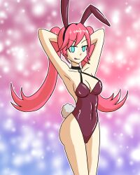  armpits arms_above_head bangs bare_legs blue_eyes bunny_ears bunny_girl bunnysuit choker cleavage collarbone fake_animal_ears fake_tail femsub gradient_background hand_on_head leticia_(world_flipper) mythkaz pink_hair posing simple_background spiral_eyes symbol_in_eyes tagme twintails very_long_hair world_flipper 