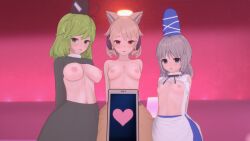  3d animal_ears arms_behind_back blue_eyes blush breasts cell_phone dazed empty_eyes exposed_chest expressionless female_only femsub green_eyes green_hair grey_hair hat headphones heart hypnotic_app koikatsu! large_breasts looking_at_viewer miko_(koikatsu!) mononobe_no_futo multiple_girls multiple_subs navel nipples open_mouth orange_eyes phone short_hair skirt small_breasts soga_no_tojiko standing standing_at_attention tech_control topless touhou toyosatomimi_no_miko 