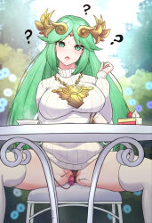 breasts cake chair clothed confused crown empty_eyes eshie exhibitionism female_only femsub food goddess green_eyes green_hair jewelry kid_icarus large_breasts looking_at_viewer necklace nintendo open_clothes open_mouth palutena sex_toy sitting spread_legs sweater table thighhighs under_table very_long_hair vibrator