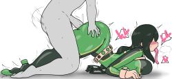  absurdres arched_back ass belt blush bodysuit breasts breath costume doggy_style drool enigi09 erection femsub from_behind green_hair hair_covering_one_eye heart high_heels large_ass large_breasts long_hair long_tongue maledom my_hero_academia open_mouth penis sex simple_background sweat tight_clothing tongue tongue_out tsuyu_asui white_background 