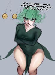 angry arched_back before_and_after breasts coin crossed_arms denial dress english_text eyebrows_visible_through_hair femsub green_eyes green_hair grey_background huge_ass kasuuwaa large_breasts navel one_punch_man pendulum see-through side_slits simple_background standing tatsumaki_(one_punch_man) text tight_clothing 