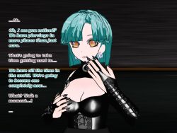 3d cleavage corset cyan_hair earrings fingerless_gloves flamekin ghost_girl gothification large_breasts leather makeup nail_polish piercing possession short_hair text transgender yellow_eyes