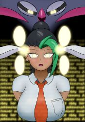 absurdres black_background black_hair black_sclera clothed empty_eyes femsub glowing glowing_eyes hypnotic_light large_breasts long_hair malamar mantra nemona_(pokemon) nintendo onorgasmic open_mouth pokemon pokemon_(creature) pokemon_scarlet_and_violet ponytail shirt tan_skin text tie yellow_eyes