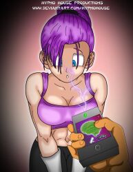 abs blue_eyes breasts bulla_briefs dazed dragon_ball drool empty_eyes femsub gloves hair_covering_one_eye hypnohouse large_breasts leaning_forward muscle_girl ponytail purple_hair remote_control tech_control