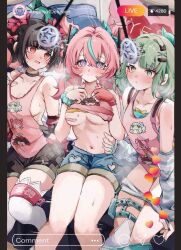  aria_(zenless_zone_zero) arm_warmers bed black_hair bow breasts choker collarbone femsub fingerless_gloves gloves green_eyes green_hair hair_clips heart heart_eyes livestream long_hair looking_at_viewer multicolored_hair multiple_girls multiple_subs nangong_yu navel open_mouth pe_eee00 pendulum pink_hair red_eyes scrunchie shirt shirt_lift short_shorts shorts sideboob sitting small_breasts smile sunna_(zenless_zone_zero) symbol_in_eyes thighhighs thighs twintails undressing wings wrist_band zenless_zone_zero 