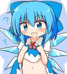  blue_eyes blue_hair bow cirno confused dress_lift female_only femsub happy_trance navel open_mouth ribbon simple_background solo spiral_eyes sweat symbol_in_eyes touhou zeke4010 