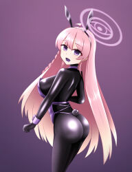  alternate_color_scheme alternate_costume ass before_and_after blue_archive bodysuit braid bunny_ears bunny_girl bunnysuit catsuit choker cuffs drool empty_eyes expressionless female_only femsub gradient_background halo hanako_(blue_archive) happy_trance heavy_eyelids kuromaru large_breasts latex looking_at_viewer m.u.g.e.n. multicolored_hair nasukama73 open_mouth pantyhose pink_hair purple_eyes rubber simple_background solo tail very_long_hair 