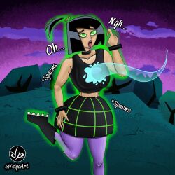  aura bare_shoulders black_hair breasts clothed consensual danny_fenton danny_phantom_(series) empty_eyes english_text eye_color_change femsub ghost ghost_boy glowing_eyes green_eyes large_breasts maledom nickelodeon open_mouth outdoors ponytail possession sam_manson text veigoarts 