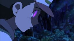  ash_ketchum black_hair expressionless glowing glowing_eyes hat malesub nintendo open_mouth pokemon pokemon_(anime) purple_eyes screenshot 