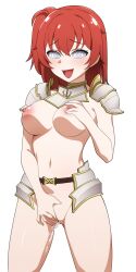  armor blush bottomless breasts femsub groping happy_trance julia_(slaver&#039;s_quest) kdtwifi knight masturbation nipples open_mouth orgasm pussy pussy_juice red_hair short_hair simple_background slaver&#039;s_quest spiral_eyes tongue white_background 