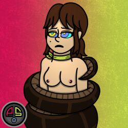 bondage bottomless breasts brown_hair coils disney femsub fiona_(the_loud_house) hypnotic_eyes kaa kaa_eyes large_breasts long_hair loud_house maledom nickelodeon nipples nude open_mouth ordeper_arts snake the_jungle_book topless
