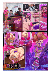  before_and_after bimbofication blonde_hair breast_expansion breasts censored comic drool ebonization femsub ganguro high_heels kaokatt large_breasts open_mouth pubic_hair tech_control text tongue_out transformation visor 