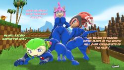  3d absurdres amy_rose anus ass bodysuit bottomless breasts cosmo_the_seedrian echidna_girl exkaizuhan female_only femsub furry green_hair happy_trance hedgehog_girl large_breasts latex monster_girl multiple_girls nipples nude open_mouth plant_girl pussy shade_the_echidna short_hair smile sonic_the_hedgehog_(series) symbol_in_eyes text topless 
